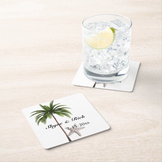 熱帯ビーチのヤシの木のモダンの結婚式の引き出物 スクエアペーパーコースター (インサイチュ)