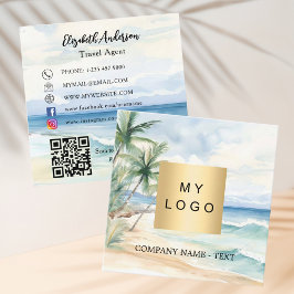熱帯ビーチのヤシの木のロゴQRコードのソーシャルメディア スクエア名刺
