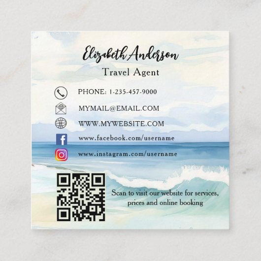 熱帯ビーチのヤシの木のロゴQRコードのソーシャルメディア スクエア名刺 (裏面)