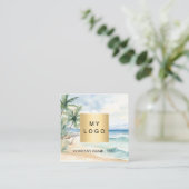 熱帯ビーチのヤシの木のロゴQRコードのソーシャルメディア スクエア名刺 (スタンド正面)