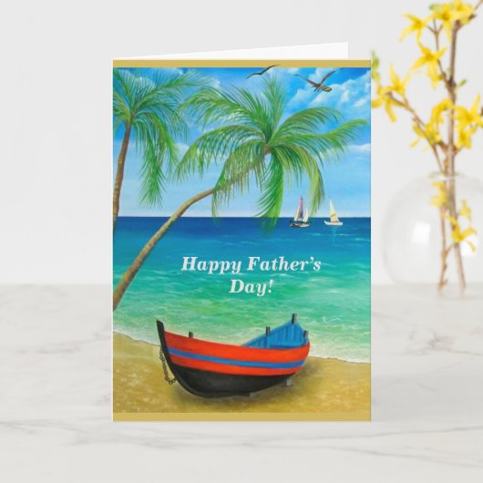 熱帯ビーチのヤシの木の完璧な父の日 カード (黄色い花)