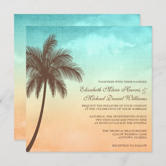 熱帯ビーチのヤシの木の結婚式の正方形 招待状 (正面/裏面)