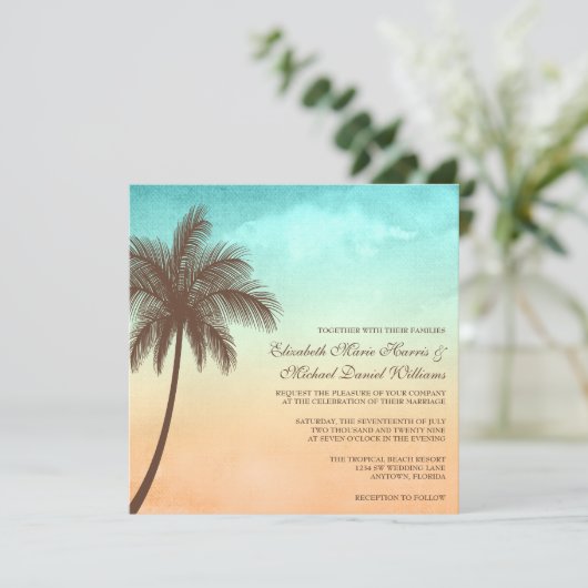 熱帯ビーチのヤシの木の結婚式の正方形 招待状 (スタンド正面)