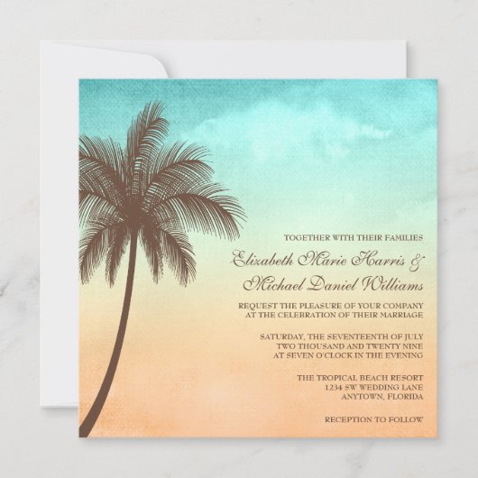 熱帯ビーチのヤシの木の結婚式の正方形 招待状 (正面)
