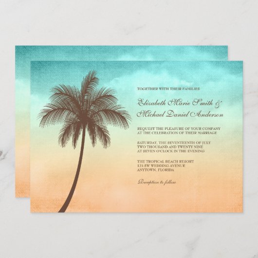 熱帯ビーチのヤシの木の結婚式招待状 招待状 (正面/裏面)