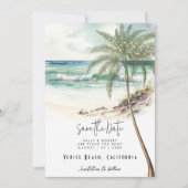 熱帯ビーチのヤシの木は日付カードを保存 サンキューカード (正面)