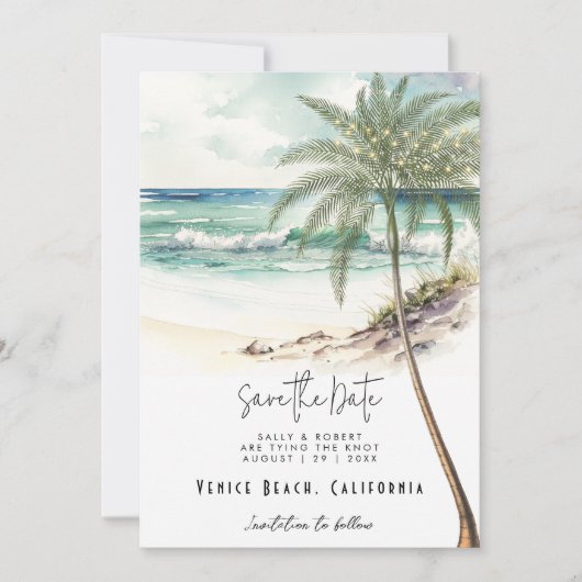 熱帯ビーチのヤシの木は日付カードを保存 サンキューカード (正面)