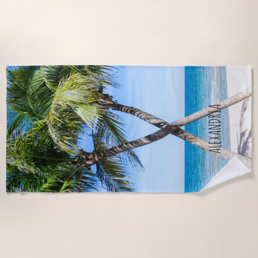 熱帯ビーチのヤシの木DIY写真パーソナライズされた ビーチタオル (正面)