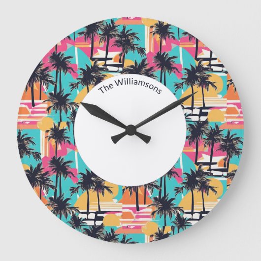 熱帯ビーチのヤシカラフルのモダン木 ラージ壁時計 (正面)