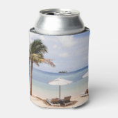 熱帯ビーチの傘:白、ヤシ。 缶クーラー (缶正面)
