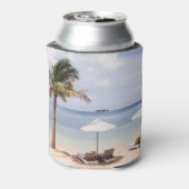 熱帯ビーチの傘:白、ヤシ。 缶クーラー (缶裏面)