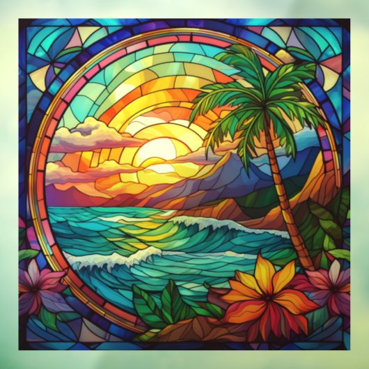熱帯ビーチの崖のステンドグラス・アート ウィンドウサイン (シート3)