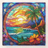 熱帯ビーチの崖のステンドグラス・アート ガラスコースター (正面)