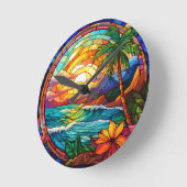 熱帯ビーチの崖のステンドグラス・アート ラウンド壁時計 (傾斜)