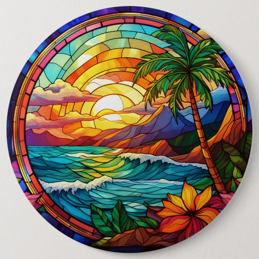 熱帯ビーチの崖のステンドグラス・アート 缶バッジ (正面)
