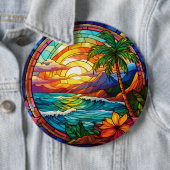 熱帯ビーチの崖のステンドグラス・アート 缶バッジ (インサイチュ)