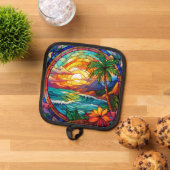 熱帯ビーチの崖のステンドグラス・アート 鍋敷き (トップダウン)