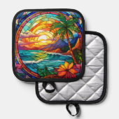 熱帯ビーチの崖のステンドグラス・アート 鍋敷き (正面/裏面)