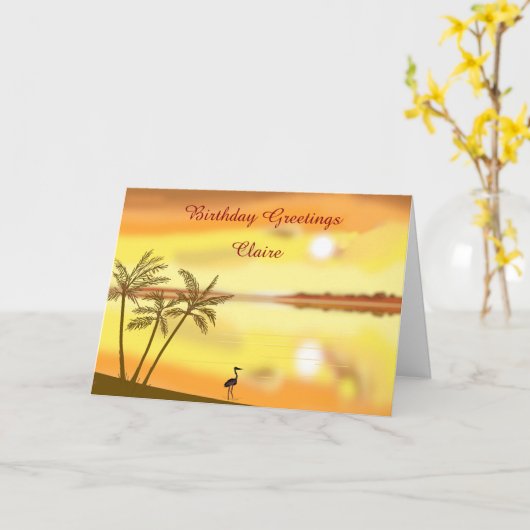熱帯ビーチの日没の誕生日は、一流の前部を加えます カード (黄色い花)