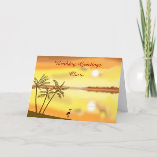 熱帯ビーチの日没の誕生日は、一流の前部を加えます カード (正面)