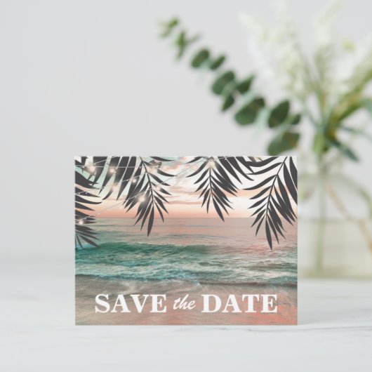 熱帯ビーチの目的地の保存日付 案内ポストカード (スタンド正面)