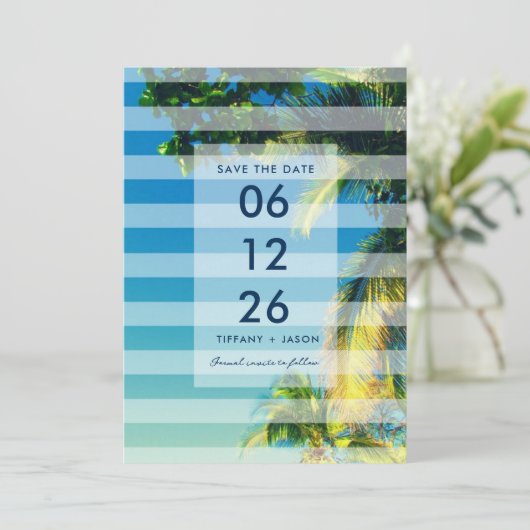 熱帯ビーチの目的地の結婚式の写真 招待状 (スタンド正面)