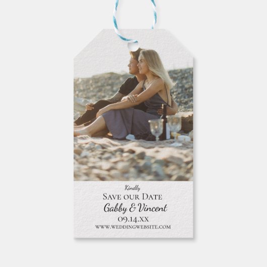 熱帯ビーチの目的地の結婚式の日付を保存 ギフトタグ (裏面)