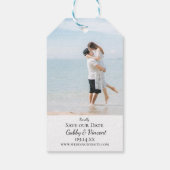 熱帯ビーチの目的地の結婚式の日付を保存 ギフトタグ (裏面)