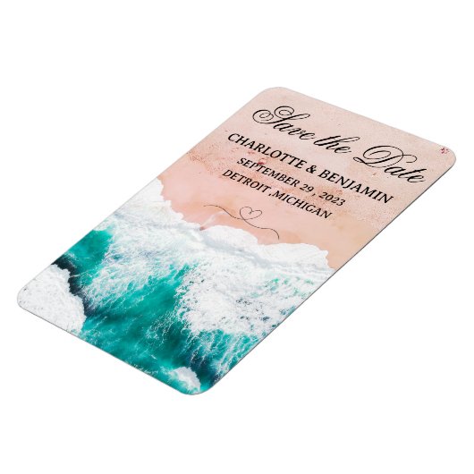 熱帯ビーチの目的地の結婚式の日付を保存 マグネット (左側)