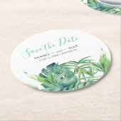 熱帯ビーチの目的地の結婚式の日付を保存 ラウンドペーパーコースター (アングル)