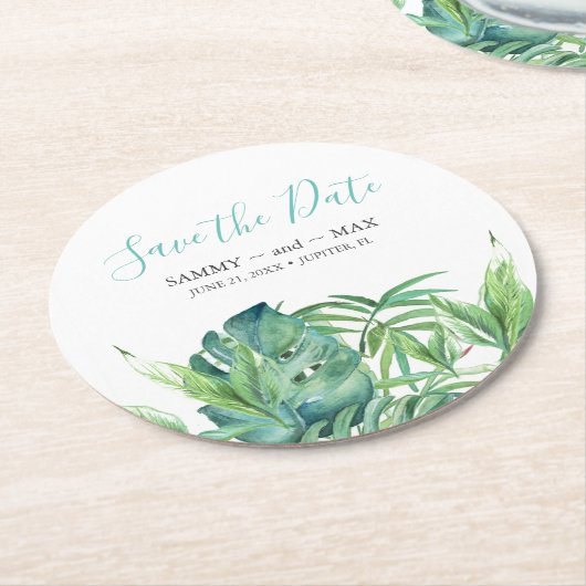 熱帯ビーチの目的地の結婚式の日付を保存 ラウンドペーパーコースター (アングル)