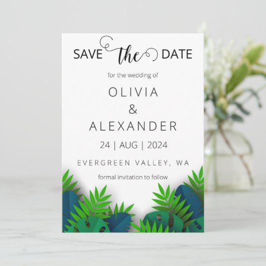 熱帯ビーチの目的地の結婚式の日付を保存 招待状 (スタンド正面)