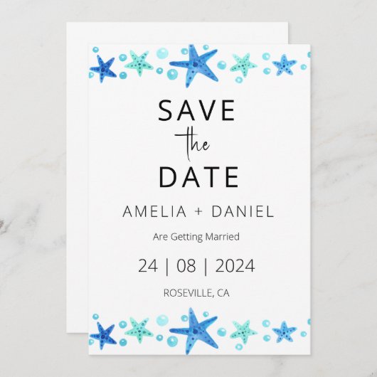 熱帯ビーチの目的地の結婚式の日付を保存 招待状 (正面/裏面)