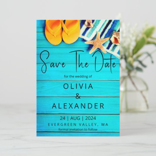 熱帯ビーチの目的地の結婚式の日付を保存 招待状 (スタンド正面)