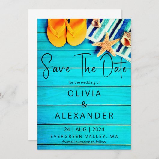 熱帯ビーチの目的地の結婚式の日付を保存 招待状 (正面/裏面)