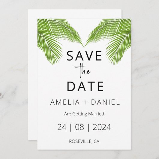 熱帯ビーチの目的地の結婚式の日付を保存 招待状 (正面/裏面)