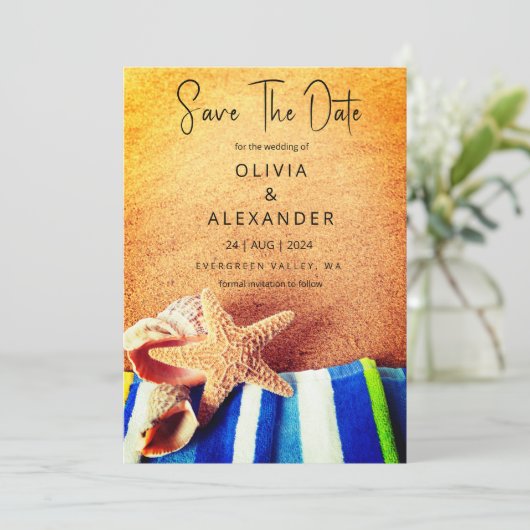 熱帯ビーチの目的地の結婚式の日付を保存 招待状 (スタンド正面)