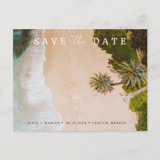熱帯ビーチの目的地の結婚式の日付を保存 案内ポストカード (正面)