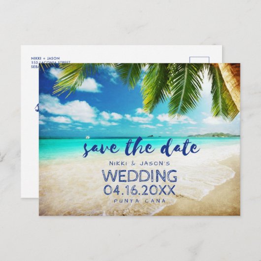 熱帯ビーチの目的地の結婚式の日付を保存 案内ポストカード (正面/裏面)