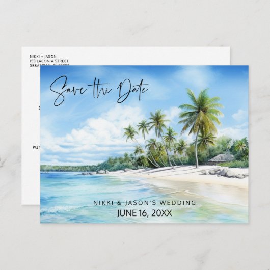 熱帯ビーチの目的地の結婚式の日付を保存 案内ポストカード (正面/裏面)