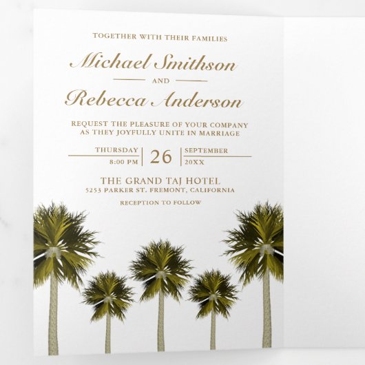 熱帯ビーチの結婚ヤシの木の写真 三つ折り招待状 (内部最初)