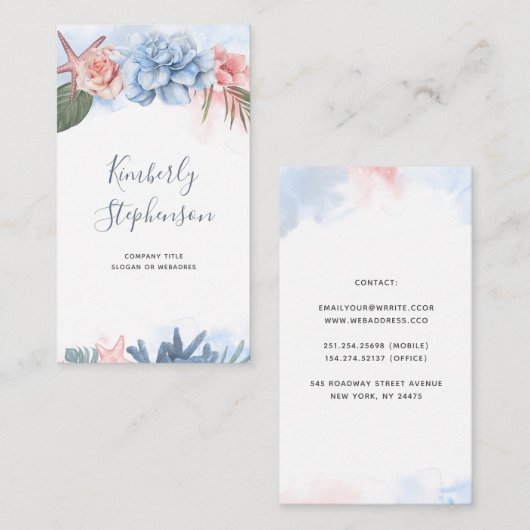 熱帯ビーチの花とヒトデの珊瑚 名刺 (正面/裏面)