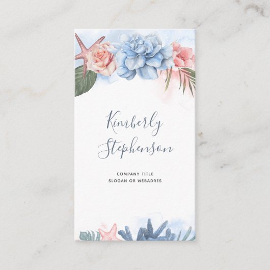 熱帯ビーチの花とヒトデの珊瑚 名刺 (正面)