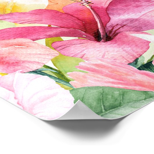 熱帯ビーチの花とヤシの葉の歓迎サイン ポスター (角)