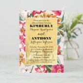 熱帯ビーチの花の金ゴールドフレームリハーサルディナー 招待状 (スタンド正面)