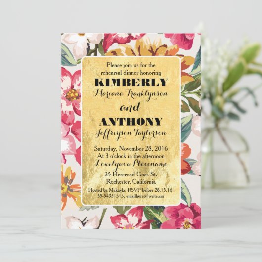 熱帯ビーチの花の金ゴールドフレームリハーサルディナー 招待状 (スタンド正面)