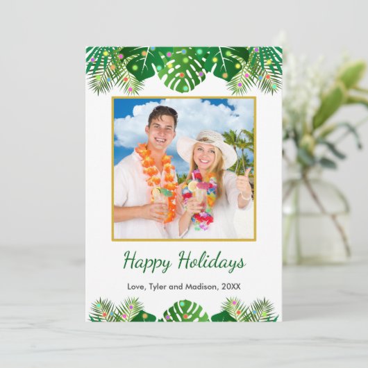熱帯ビーチの葉クリスマスライト金ゴールド写真 シーズンカード (スタンド正面)