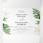 熱帯ビーチの葉&金ゴールドエレガントな結婚式 三つ折り招待状 (内部中)