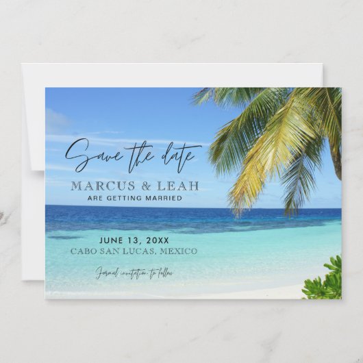 熱帯ビーチの行き先結婚式が日付を救う マグネット招待状 (正面)