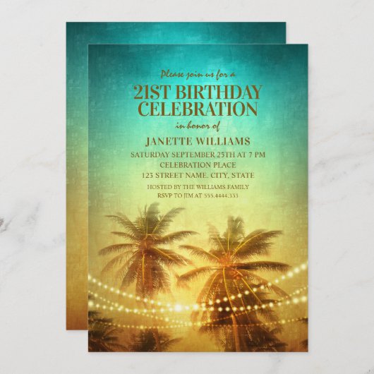 熱帯ビーチをテーマにした21歳の誕生日パーティーハワイアン 招待状 (正面/裏面)